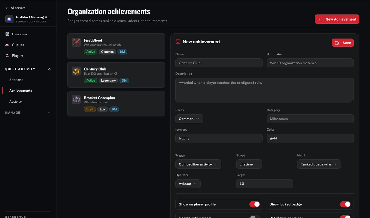Achievement builder showing custom badges, milestones, and award rules